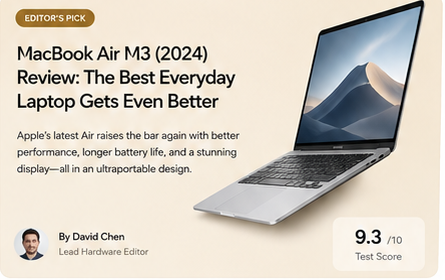Featured MacBook Air M3 review card with editor's pick badge and 9.3 test score